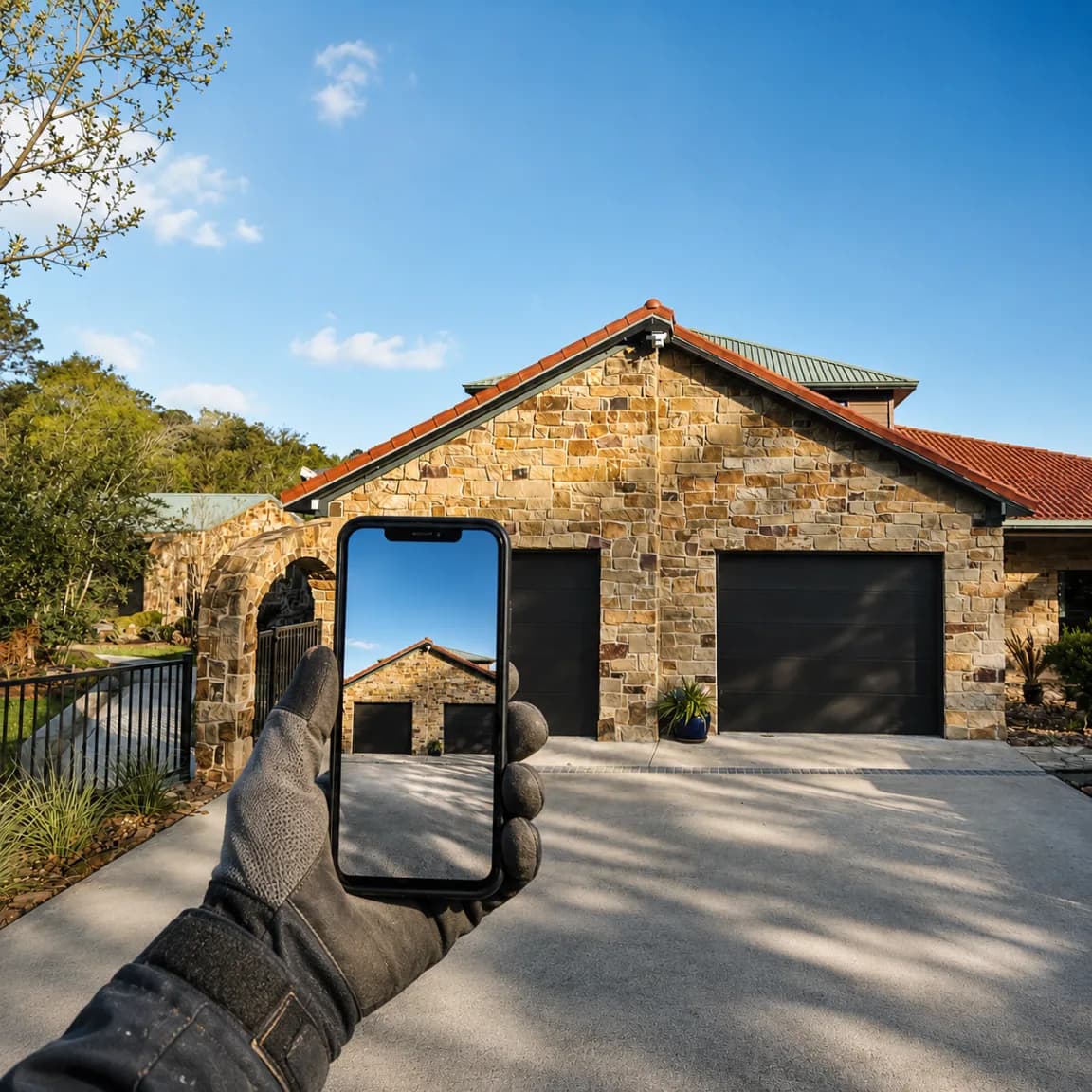 Field technician in a work glove photographing a stone home with a smartphone