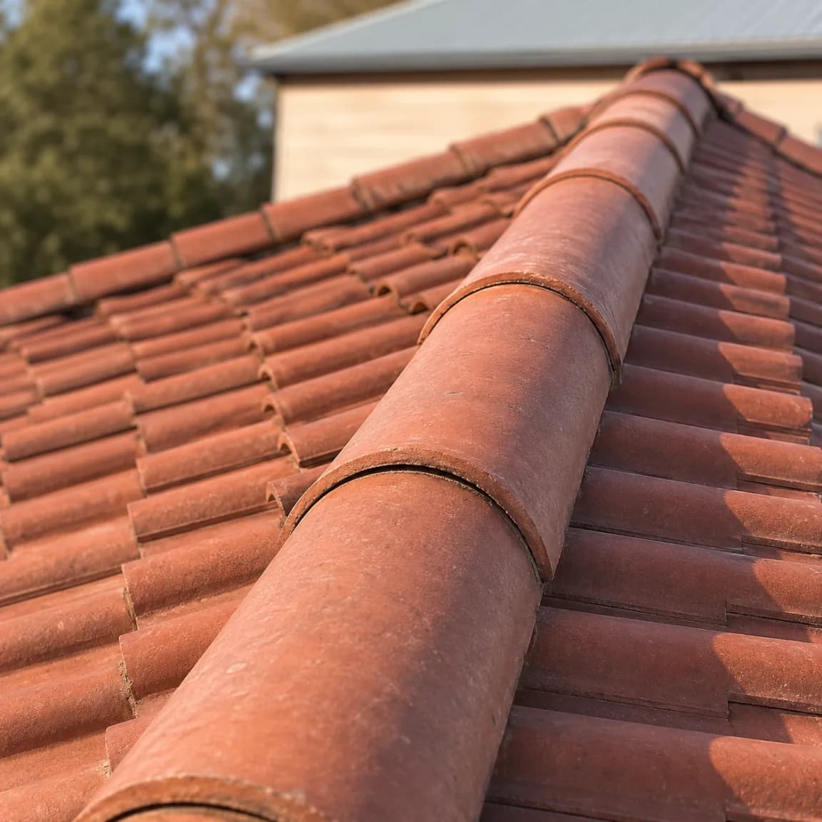 Close-up of terracotta roof tiles and ridge caps on a residential home